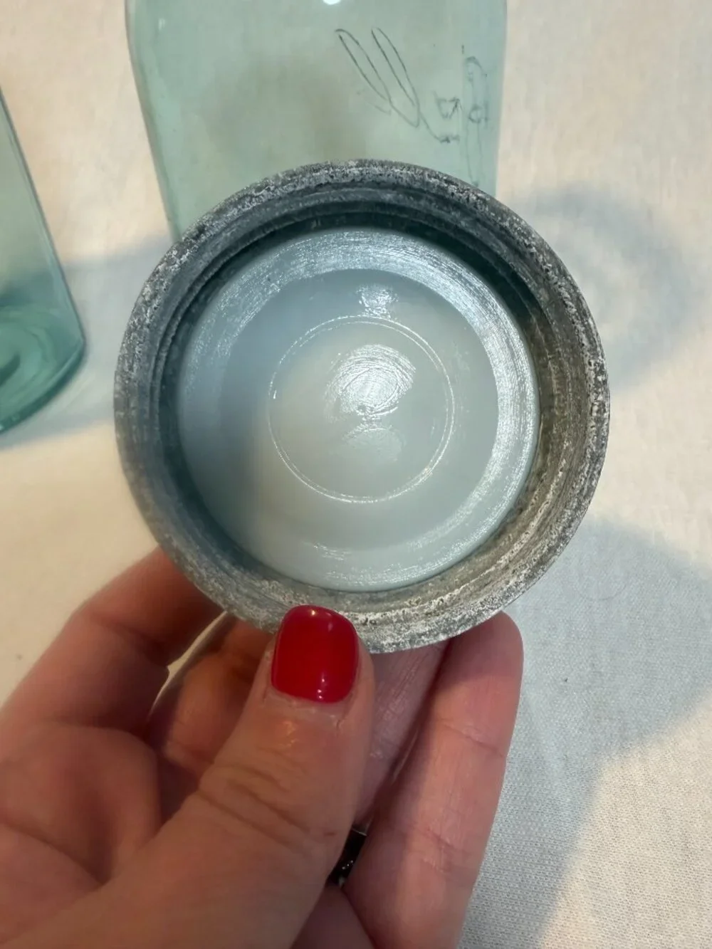 Vintage Ball Perfect Mason Blue Jars Zinc Lids Milk Glass Inserts Set of 2